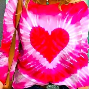 Pink Tie-Dye Heart Women's Long Sleeve Top, Size Medium